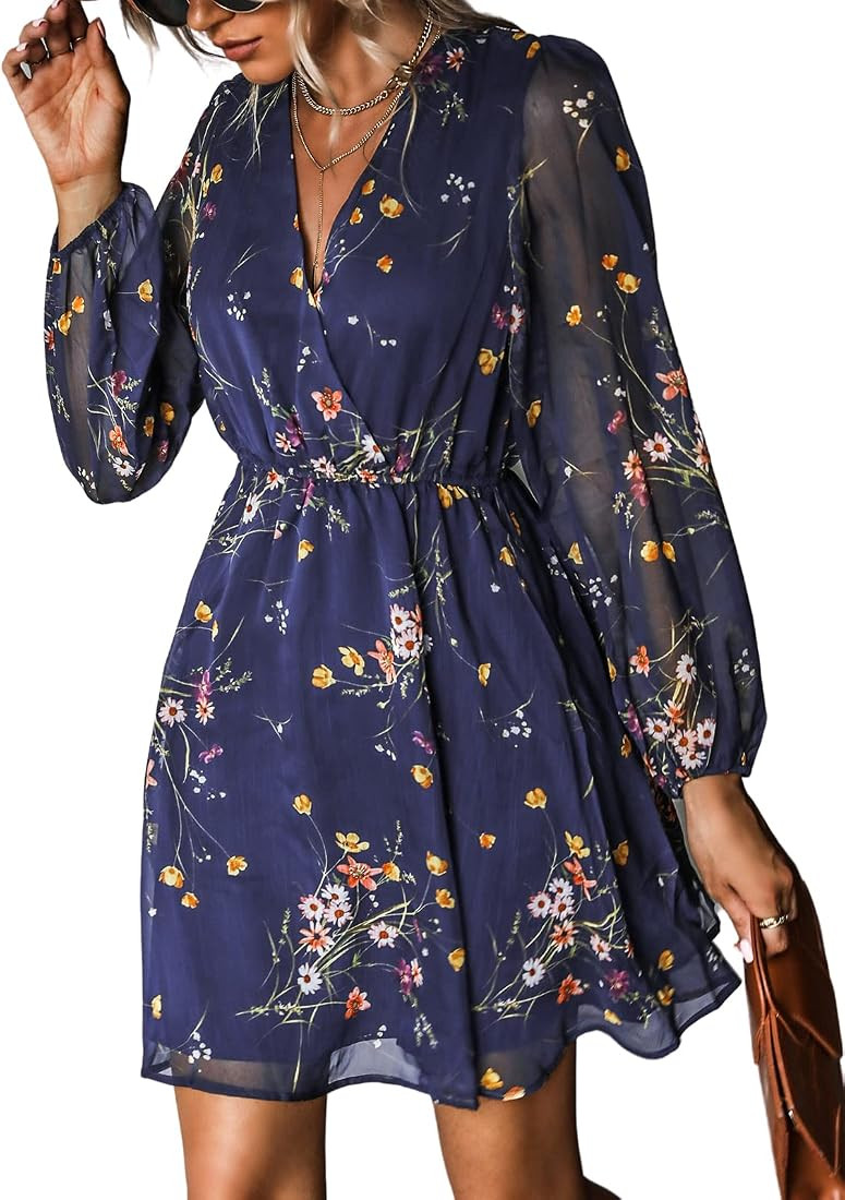 CUPSHE Fall Dresses for Women V Neck Chiffon A Line Mini Dress Long Peasant Sleeves Casual Dress | Amazon (US)