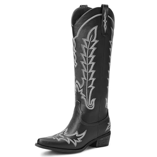 Rivalran Black Cowboy Boots for Women - Wide Calf Knee High Pointed Toe Chunky Heel Pull On Zipper Western Cowgirl Boots, Retro Country Vintage Fashion Tall Boots US Size 8 | Amazon (US)