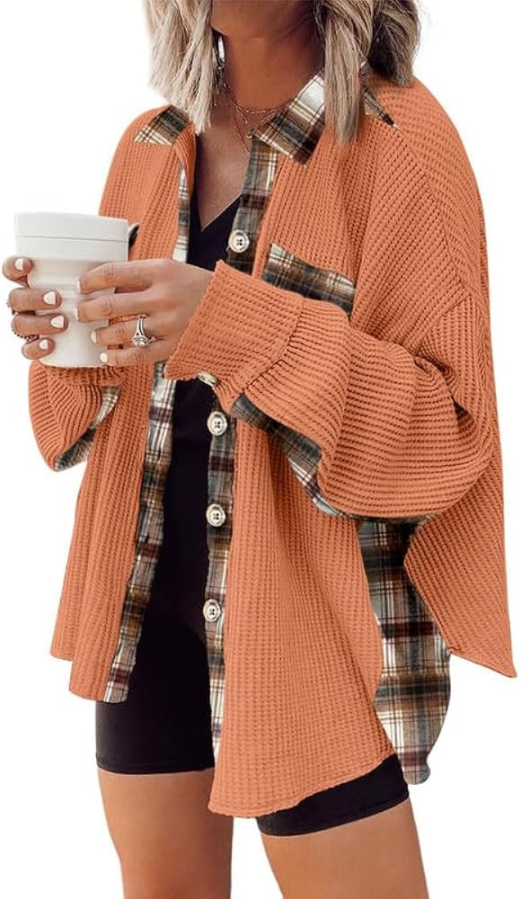 SHEWIN Womens Waffle Knit Plaid Shacket Boyfriend Button Down Shirt Jacket Loose Long Sleeve Tops | Amazon (US)