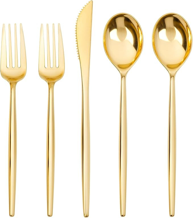 300 Pcs Gold Plastic Cutlery, Gold Utensils Disposable, Gold Plastic Silverware Set Include 100 G... | Amazon (US)