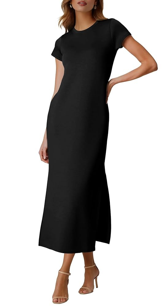 Lepunuo Summer Dresses for Women Short Sleeve Split Maxi Dress Travel Vacation Outfits with Pocke... | Amazon (US)