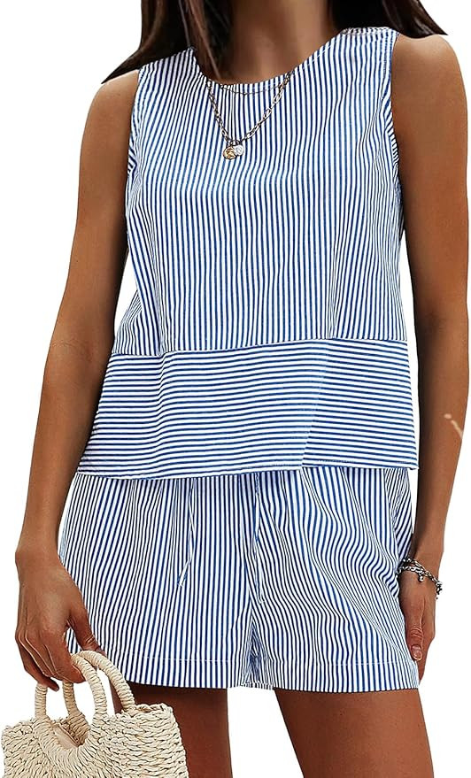 EXLURA Women's Summer 2 Piece Outfits Sleeveless Tank Top Matching Shorts Sets Cotton Striped Swe... | Amazon (US)