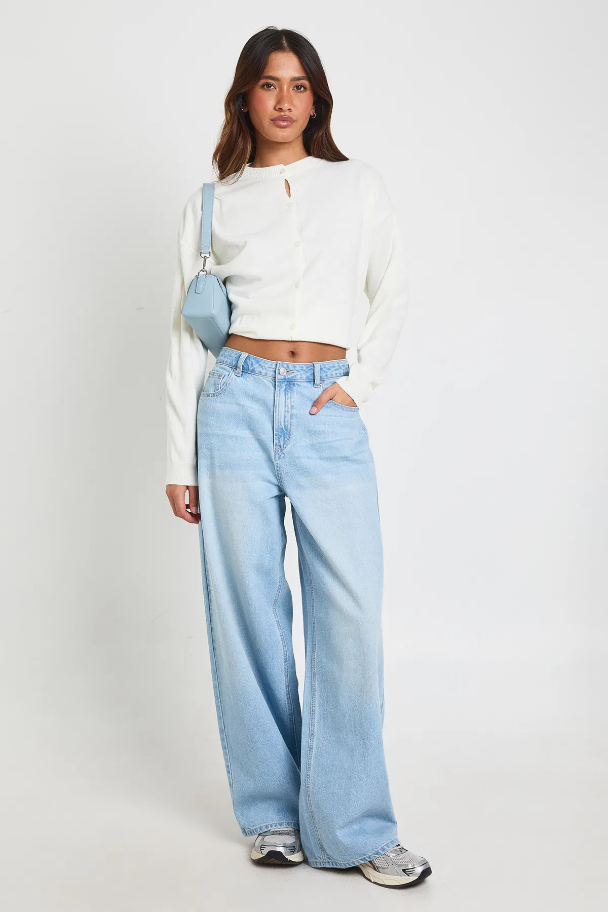 Bleached Blue Cinched Waist Loose Fit Jeans With Adjuster | Boohoo | Boohoo.com (UK & IE)