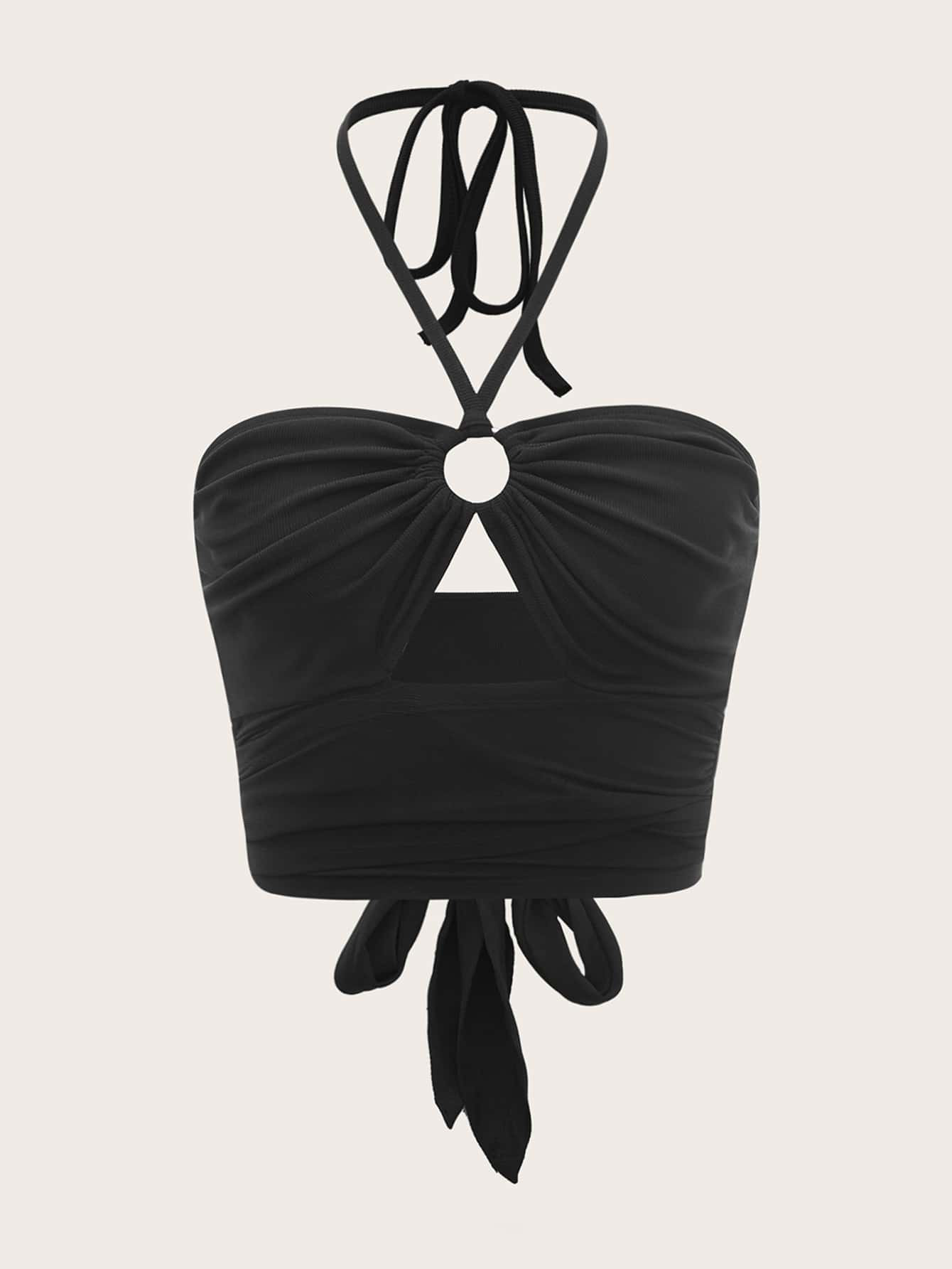 SHEIN ICON Cut Out O-ring Detail Tie Back Halter Top | SHEIN
