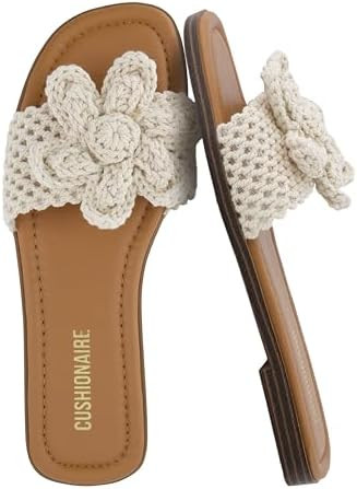 CUSHIONAIRE Gemma Knit Flat Slides for Women, Square Toe Sandals with Woven Flower Detail and Mem... | Amazon (US)