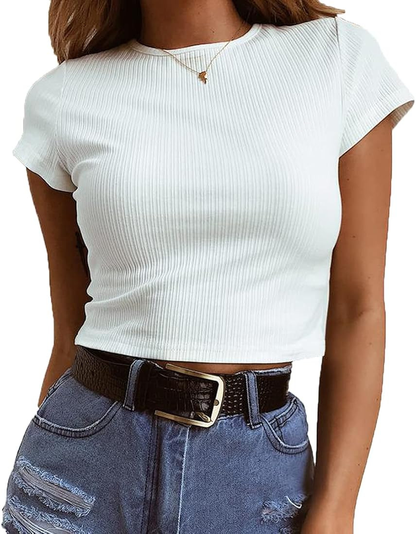 Artfish Women's Short Sleeve Knit Ribbed Crop Top Teen Basic Tee Shirts | Amazon (US)