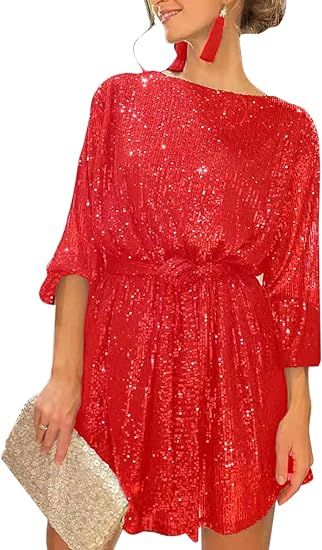 GTMRINJN Women Long Sleeve Sequins Glitter Dress Party Sparkle Loose Fit Shift Mini Short Dress w... | Amazon (US)