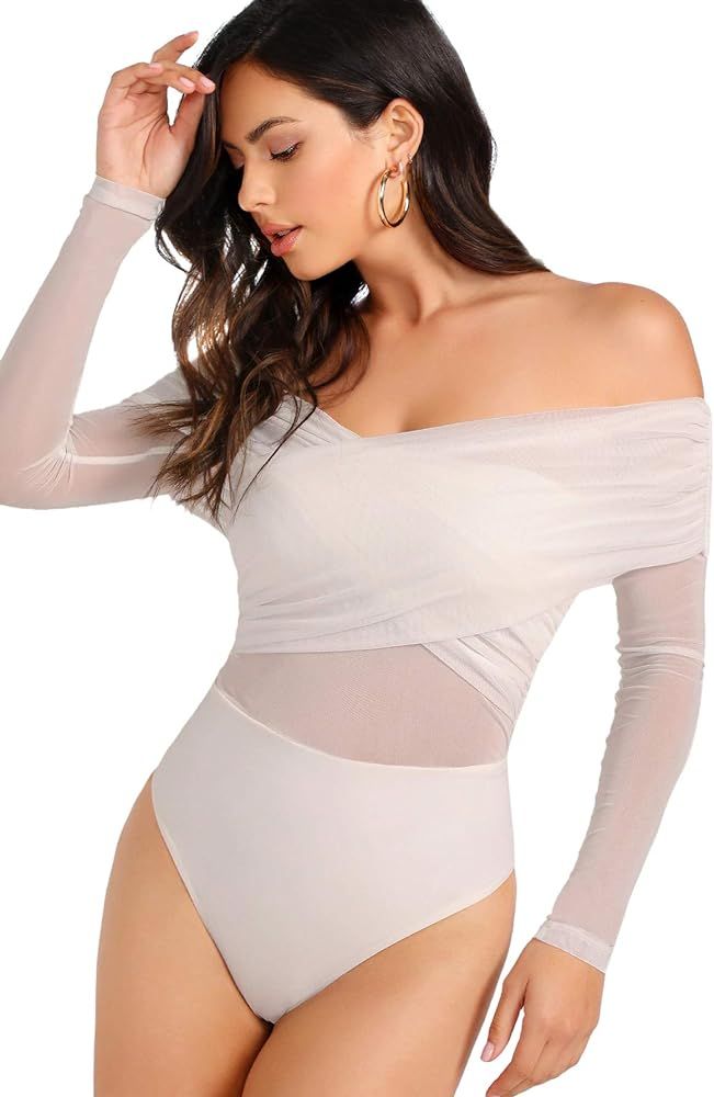 SOLY HUX Women's Criss Cross Sheer Mesh Wrap Off The Shoulder Skinny Elegant Bodysuit | Amazon (US)