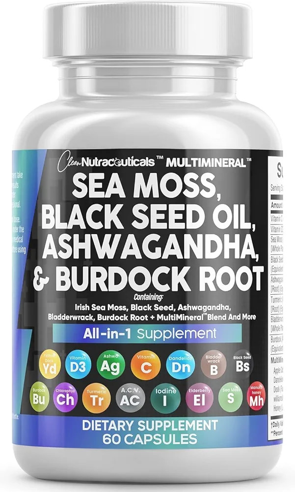 Clean Nutraceuticals Sea Moss Black Seed Oil Ashwagandha Turmeric Bladderwrack Burdock & Vitamin ... | Amazon (US)