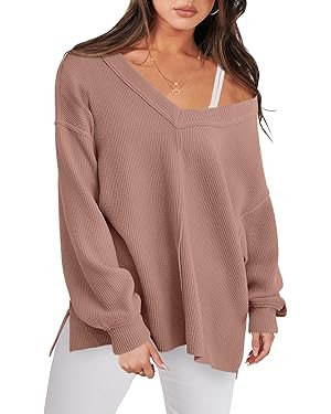 ANRABESS Women Long Sleeve Shirt V Neck Off Shoulder Oversized Knit Pullover Sweatshirt Loose Hig... | Amazon (US)