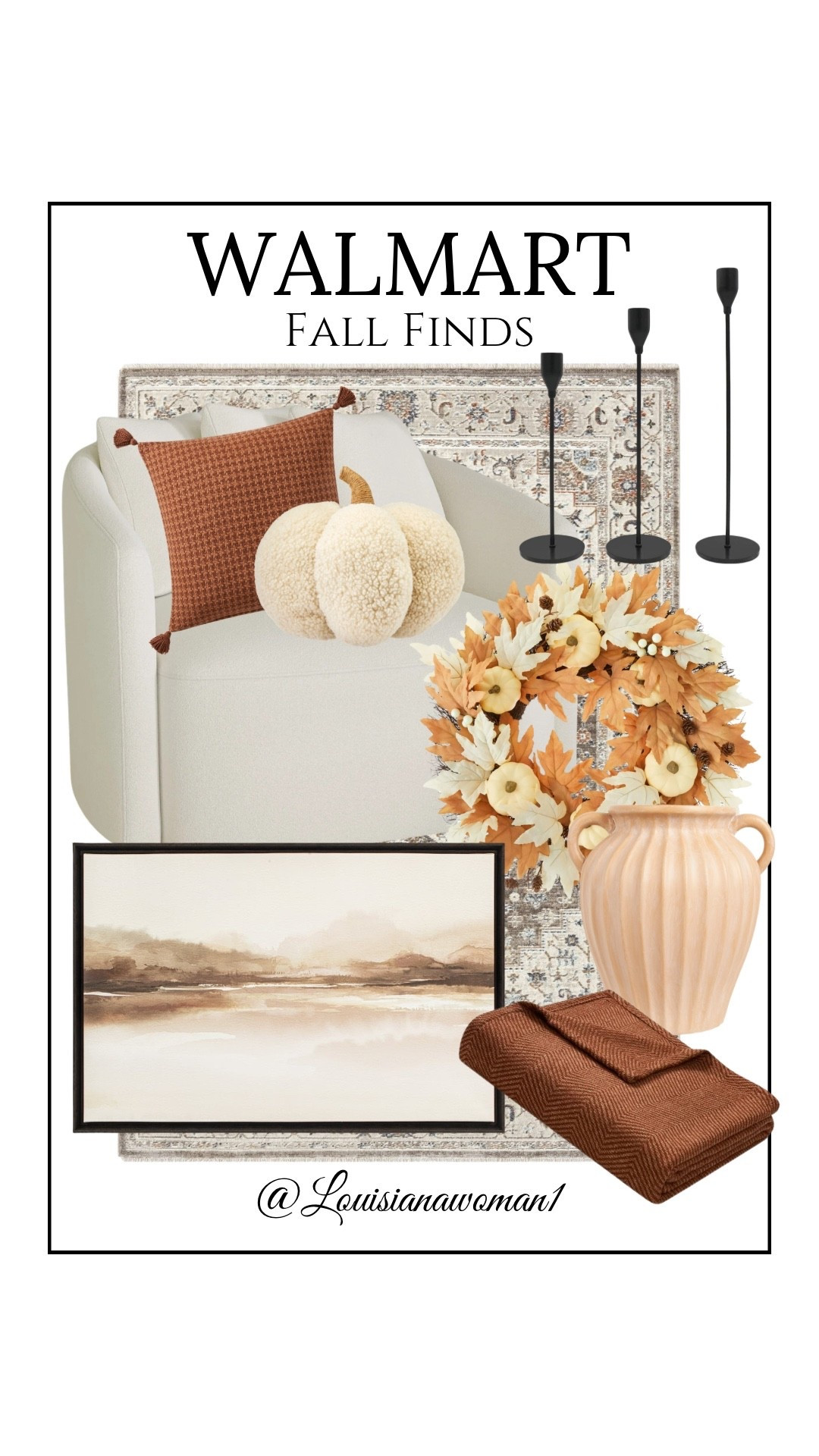 🍂 Walmart Fall Finds! #Fall #Autumn #Finds #Walmart #drew #arearug #candleholders #Pillows #wreath #vase #framedart #throw #blanket #cozy 

#LTKSeasonal #LTKStyleTip #LTKHome