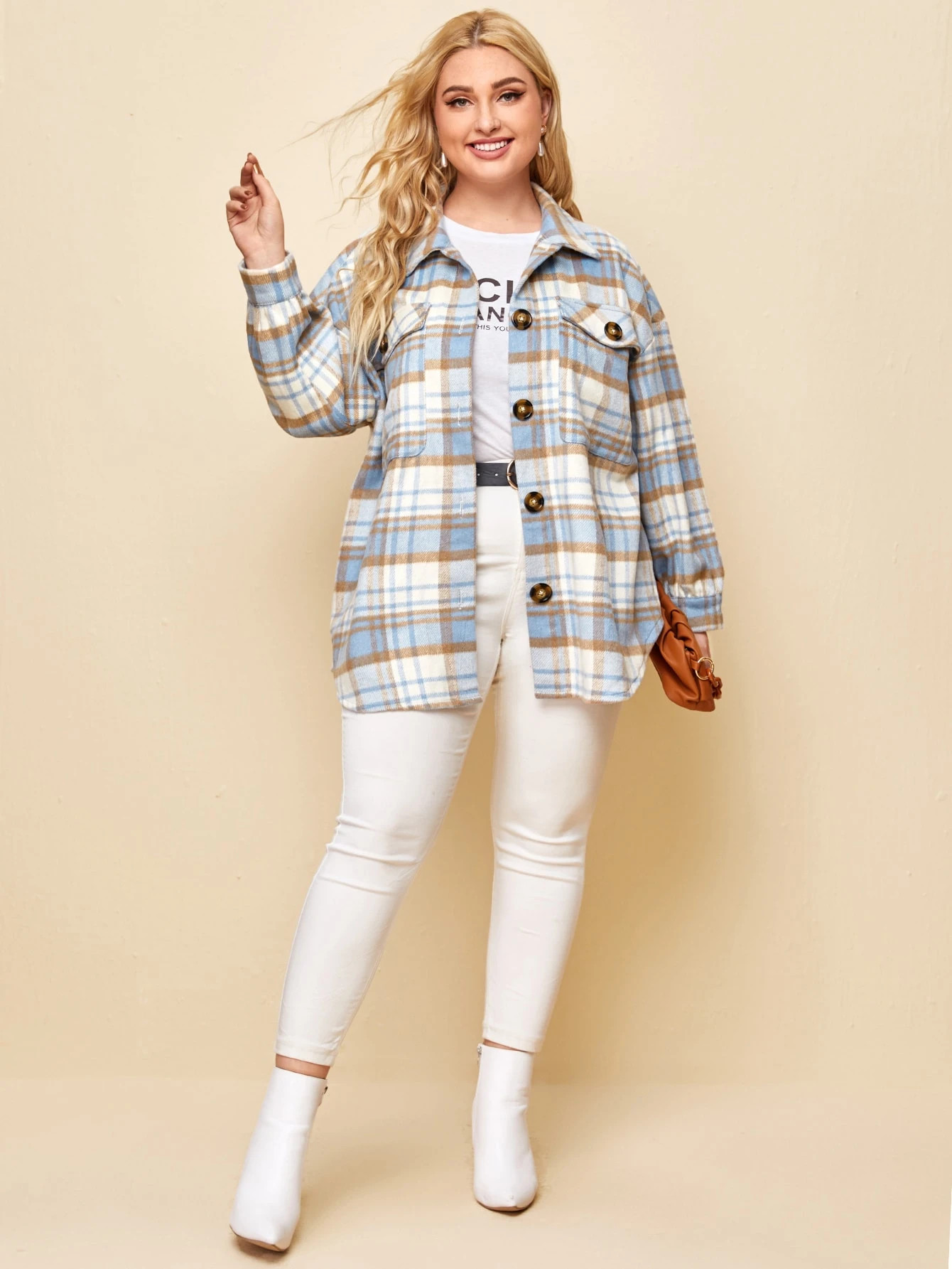 SHEIN Plus Flap Pocket Drop Shoulder Tartan Overcoat | SHEIN