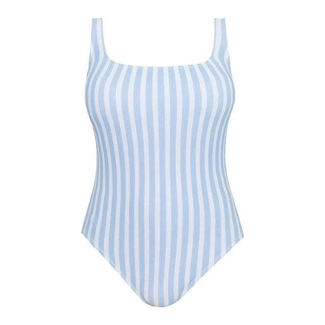 Time and Tru Women's and Plus Size Pique Stripe Square Neck One Piece Swimsuit, Sizes XS-3X | Walmart (US)