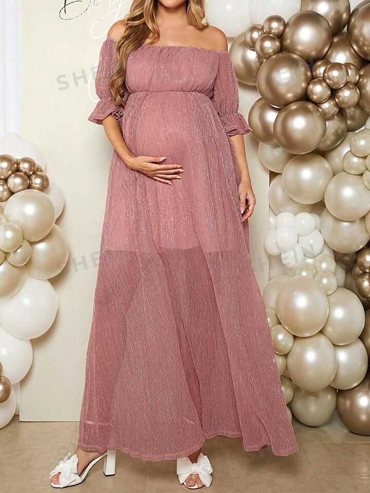SHEIN Maternity Women's Elegant Romantic Off Shoulder Sheer Maxi Dress For Gender Reveal Party | SHEIN