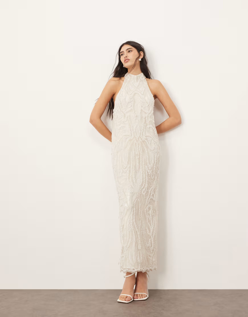 ARRANGE embellished pearl crystal halter column maxi dress in white | ASOS (Global)