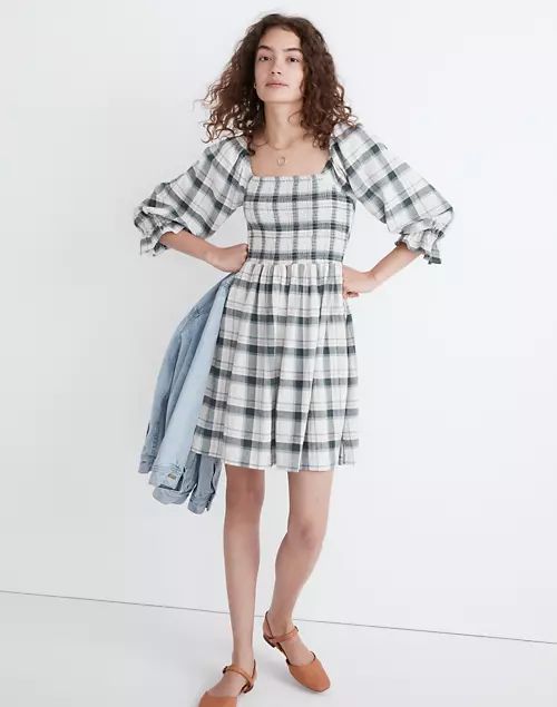 Lucie Elbow-Sleeve Smocked Mini Dress in Lebaum Plaid | Madewell