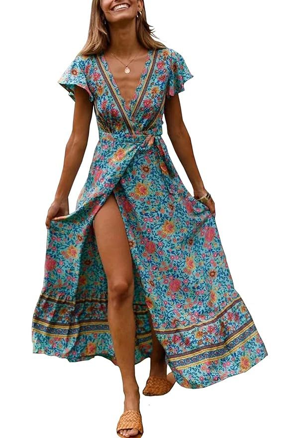 R.Vivimos Women's Summer Short Sleeve Floral Print Bohemian Beach Waist Tie Wrap Long Flowy Dress... | Amazon (CA)