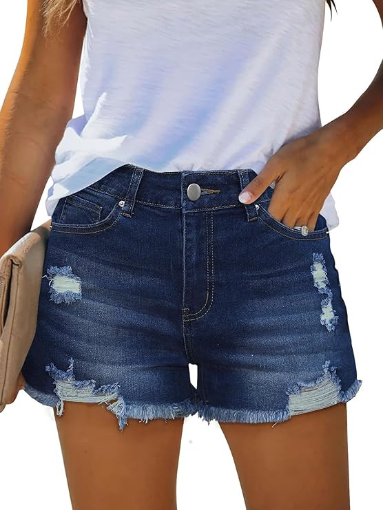 MixShe Womens Mid-High Waisted Ripped Denim Jean Shorts Stretchy Distressed Cutoff Summer Shorts | Amazon (US)
