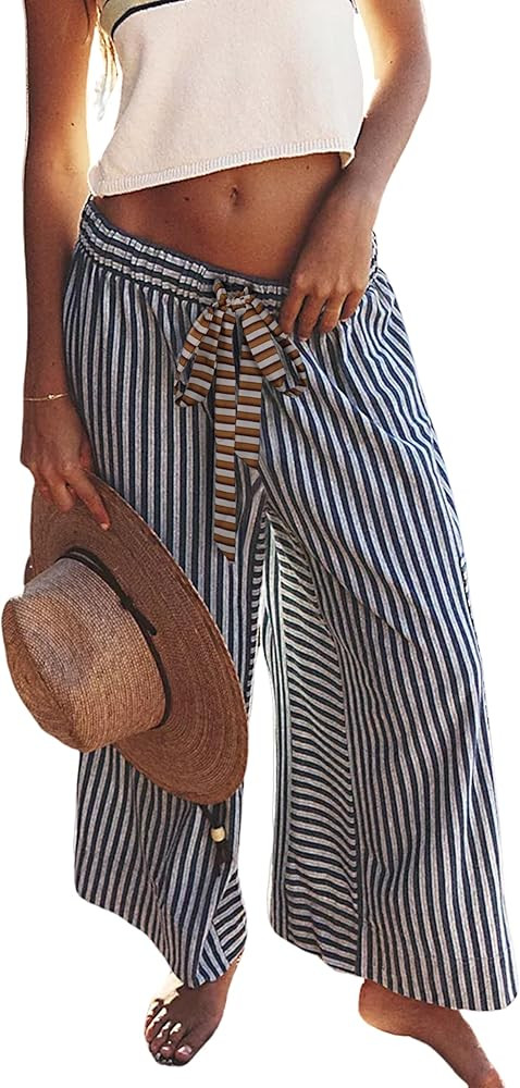 Bankeng Women Drawstring Striped Pants Loose Wide Leg Lounge Pants Casual Palazzo Pants Trousers ... | Amazon (US)
