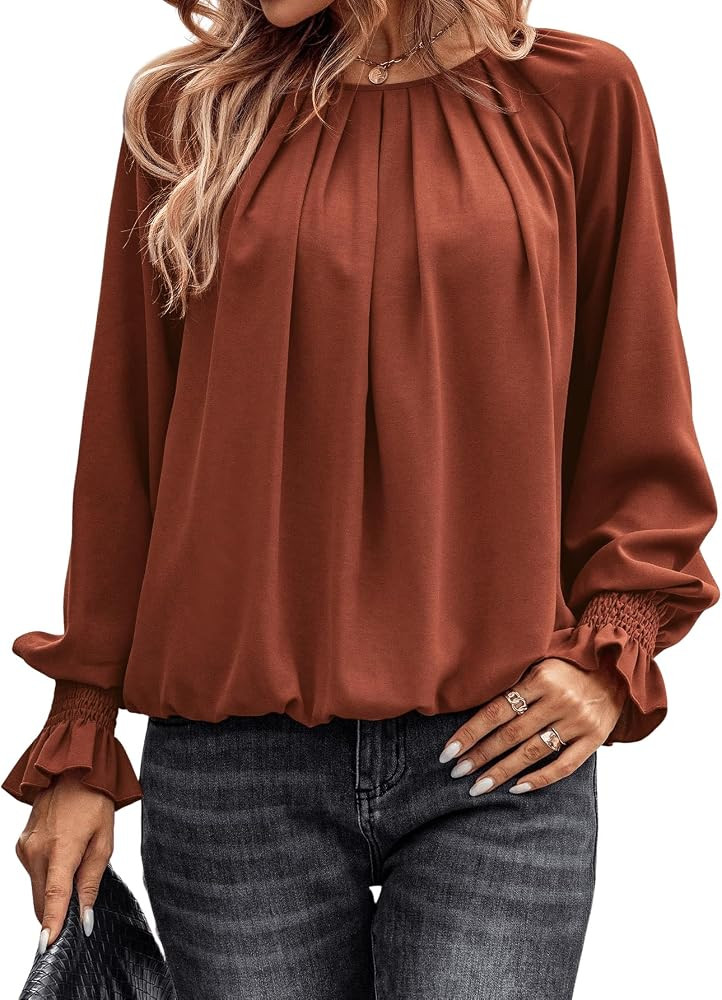 SweatyRocks Women's Pleated Long Sleeve Blouses Plain Crewneck Loose Shirred Keyhole Back Office ... | Amazon (US)