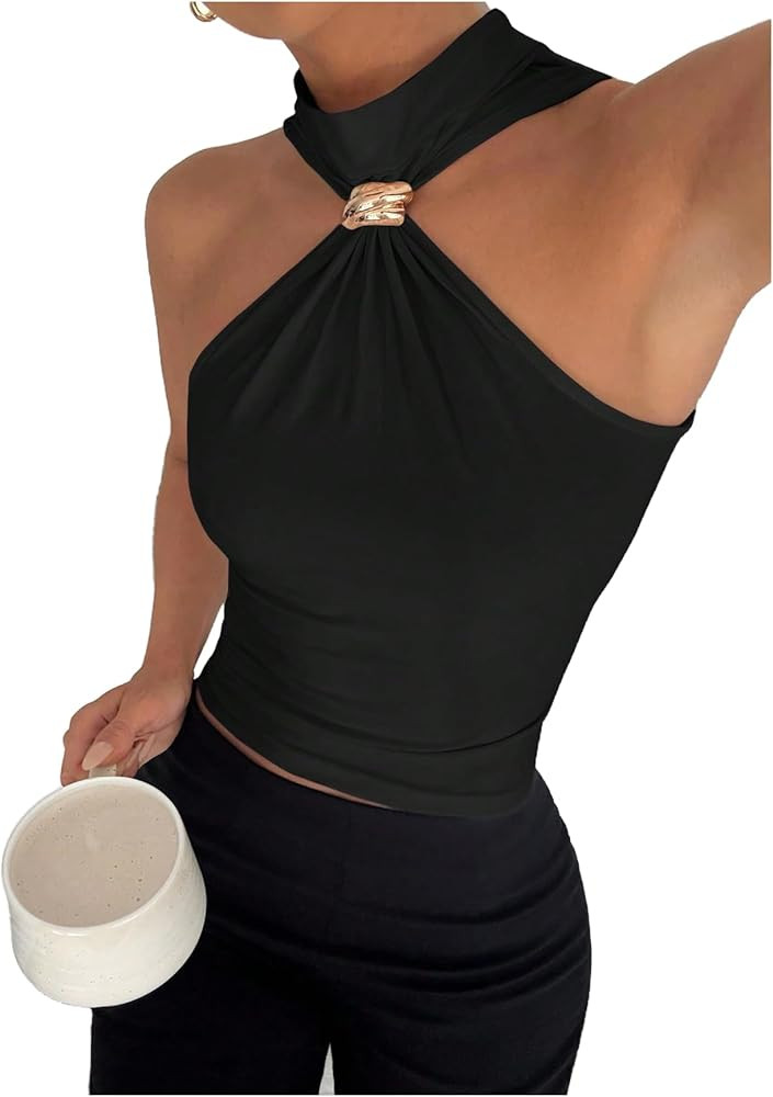 Milumia Women's Metal Halter Mock Neck Ruched Tank Top Sleeveless Slim Fit Going Out Tops | Amazon (US)