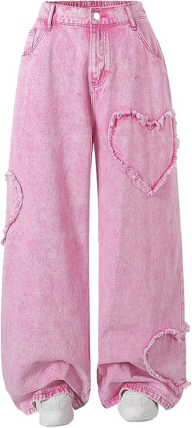 High Waisted Wide Leg Jeans, Heart Pattern Distressed Denim | Amazon (US)