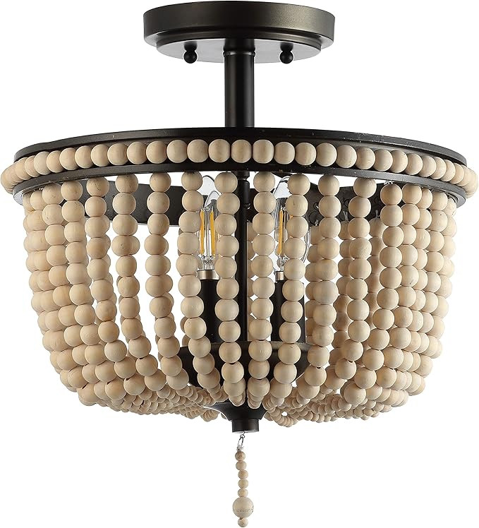 JONATHAN Y JYL9020A Allie 14" 3-Light Bohemian Farmhouse Wood Bead/Iron LED Flush Mount Transitio... | Amazon (US)