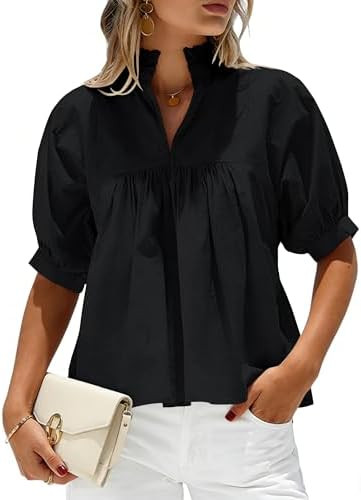 SimpleFun Babydoll Peplum Tops for Women Ruffle V Neck Puff Sleeve Blouses | Dressy Casual, Pleat... | Amazon (US)
