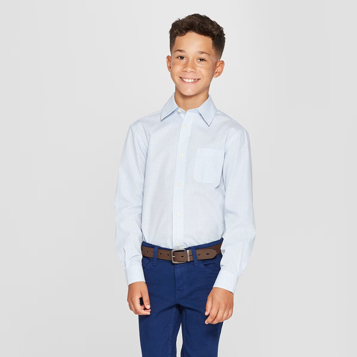 Boys' Long Sleeve Woven Button-Down Shirt - Cat & Jack™ Blue/White L Husky | Target