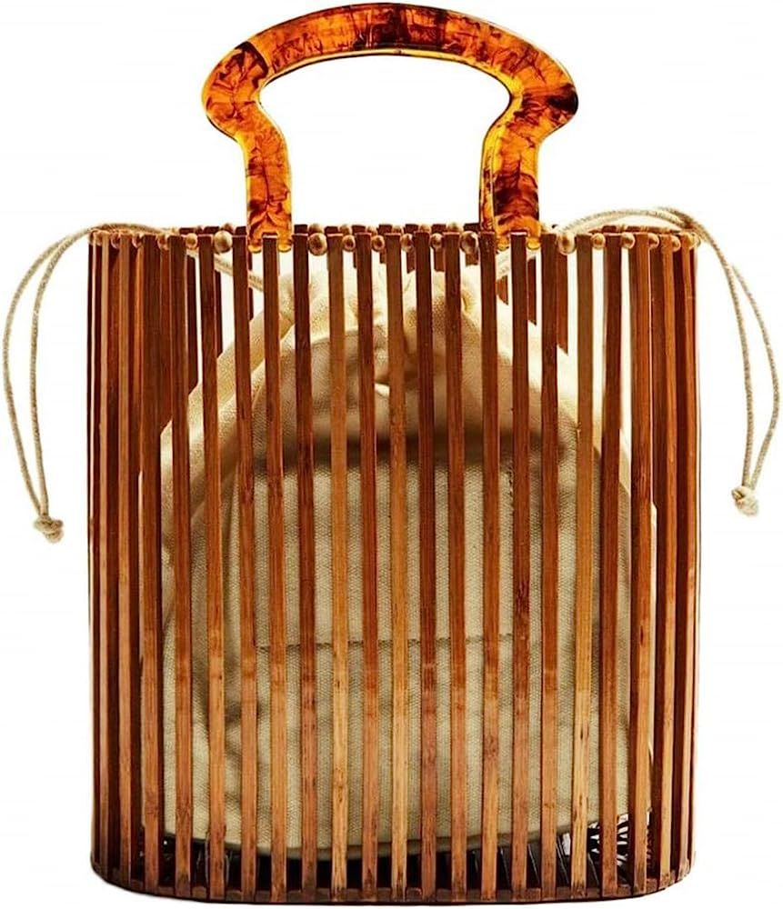 Womens Fashion Bamboo Bag with Acrylic Handle Bucket Bag Summer Beach Clutch Purse Handbags | Amazon (US)