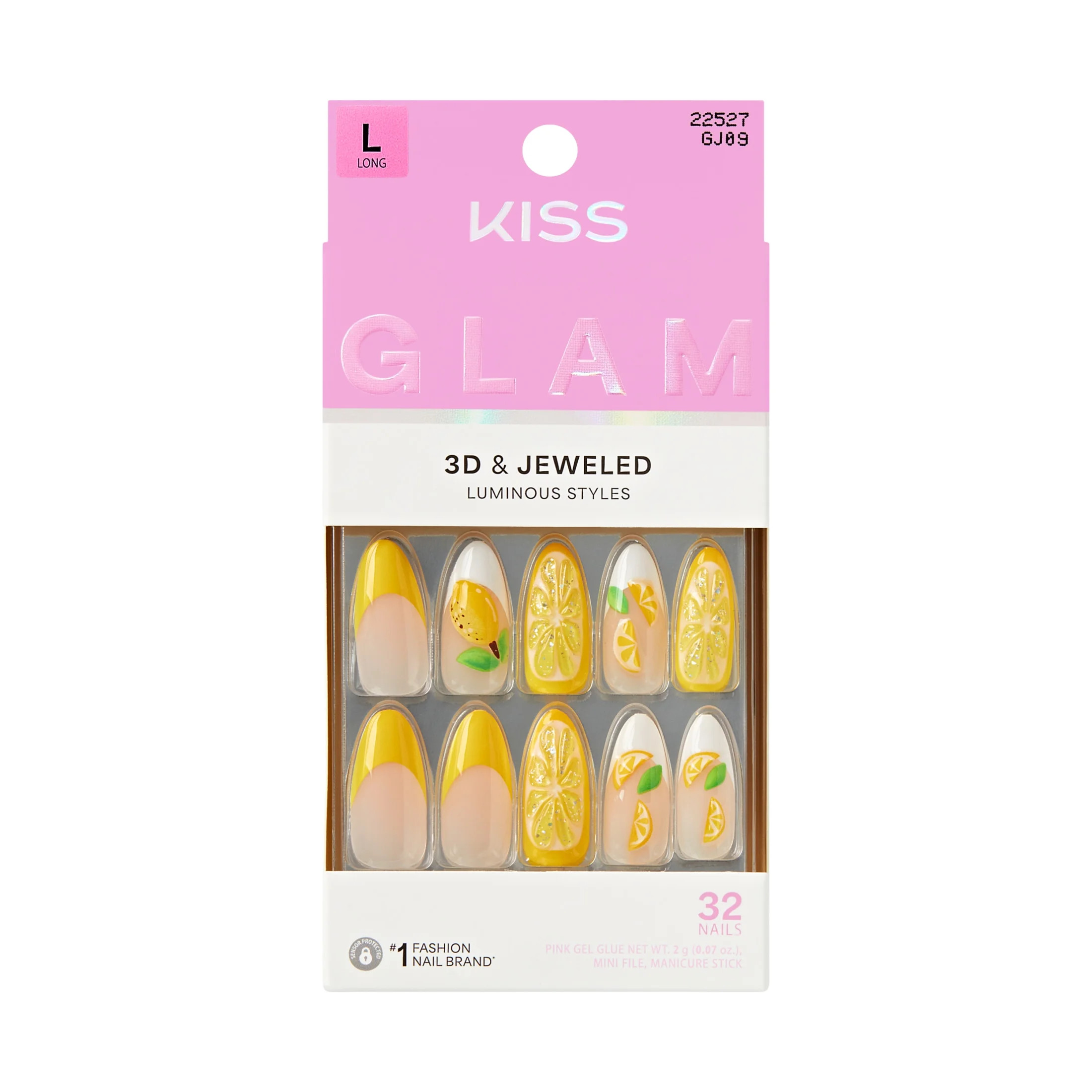 KISS GLAM 3D & Jeweled Press On Nails  Almond, ‘Cherish the Moment’, Yellow, Long, 32 Count | Walmart (US)
