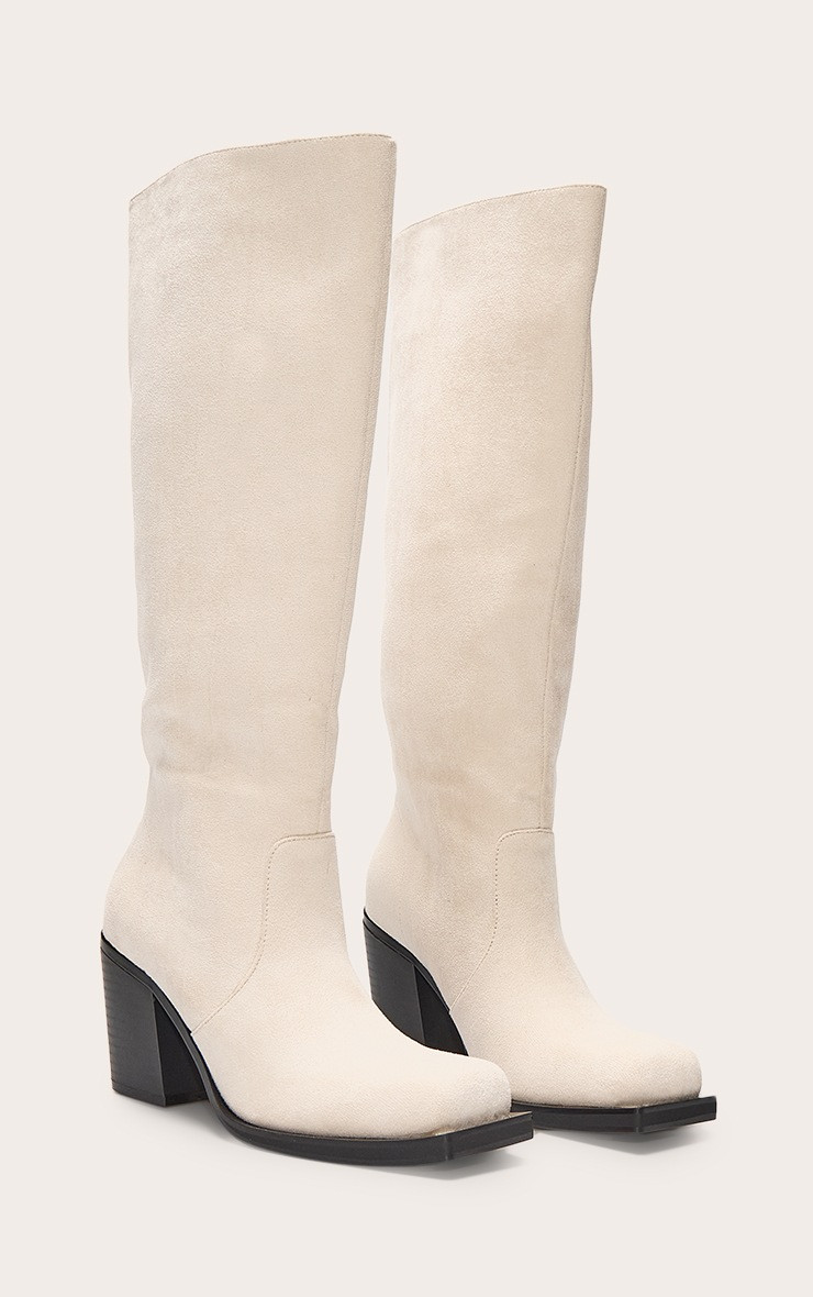 Cream Faux Suede Square Toe High Block Heel Knee High Boots | PrettyLittleThing IE