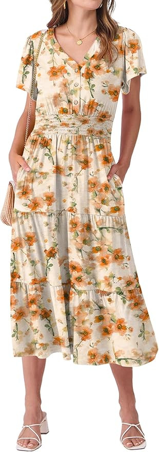 ANRABESS Womens Summer Casual Short Sleeve V Neck Midi Dresses Button Down A Line Flowy Tiered 20... | Amazon (US)