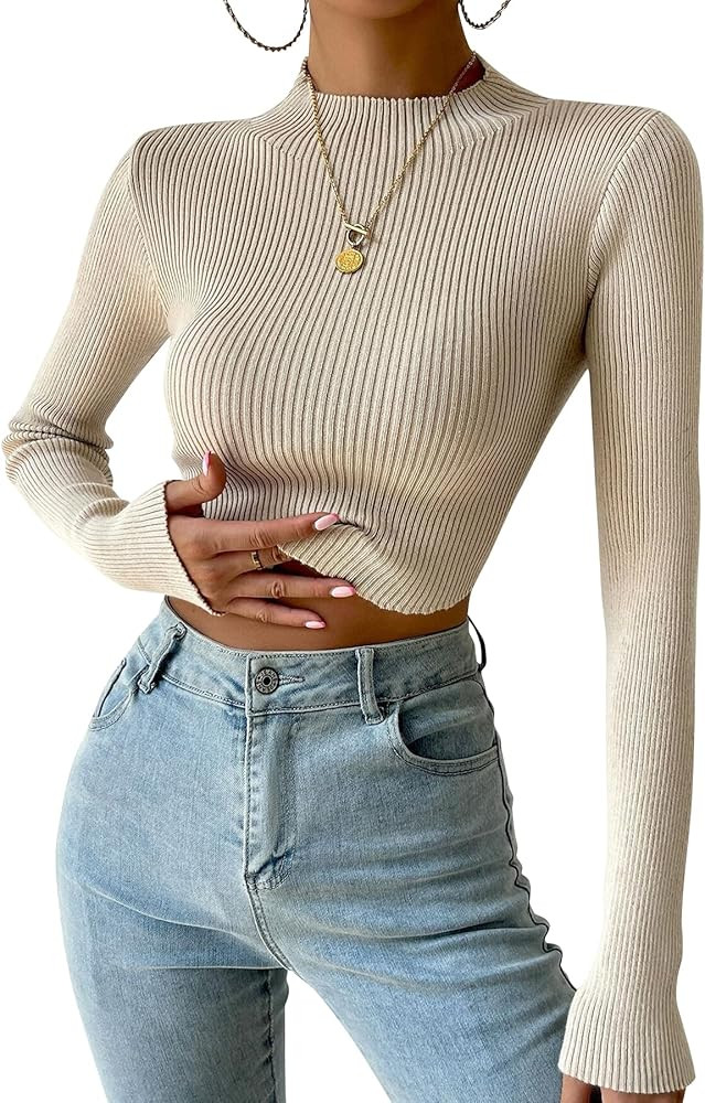 Lueluoye Women's Long Sleeve Crop Top Slim Fit Mock Neck Fall Cropped Sweater Ribbed Knit Basic C... | Amazon (US)