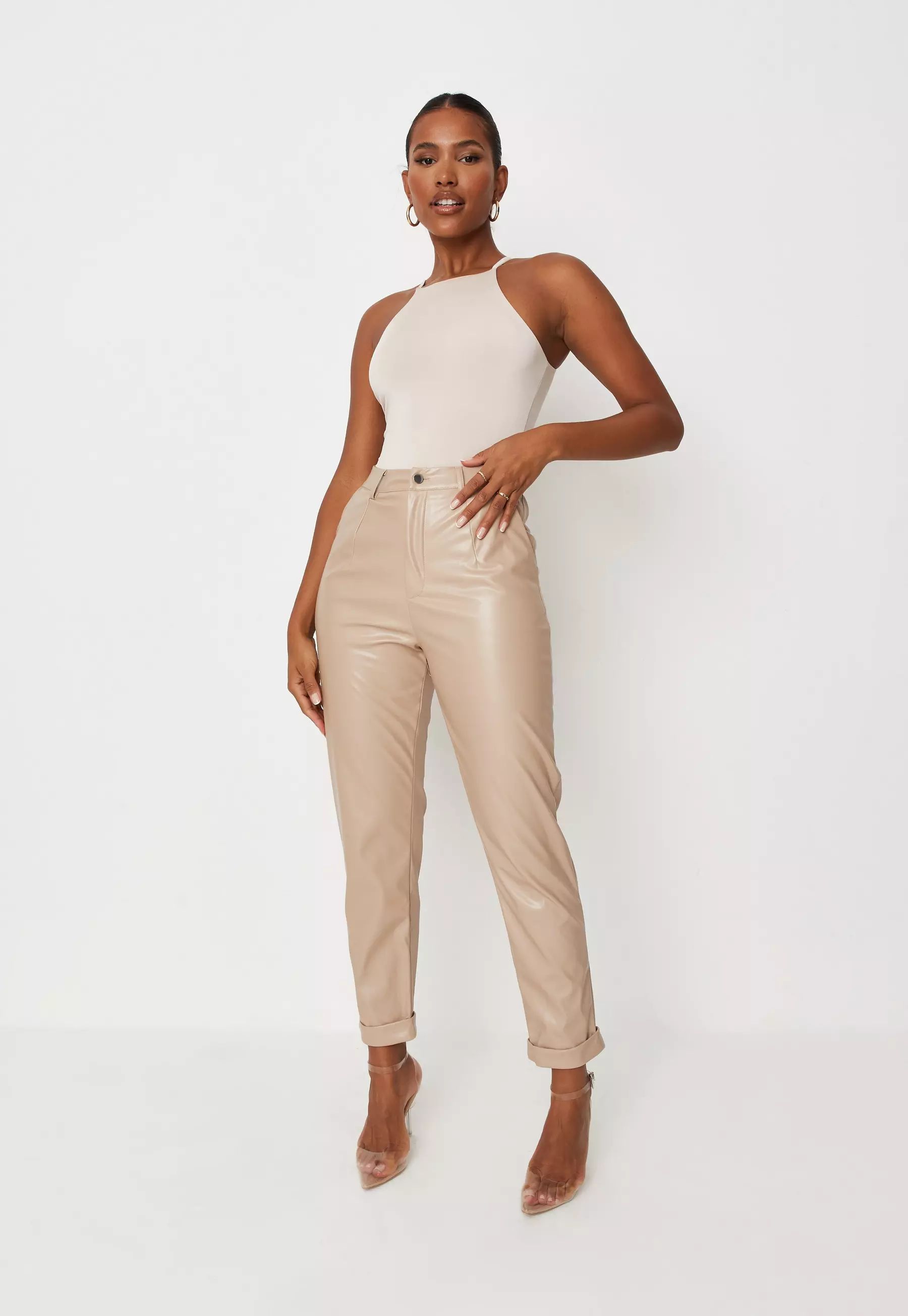 Camel Faux Leather Turn Up Cigarette Pants | Missguided (US & CA)