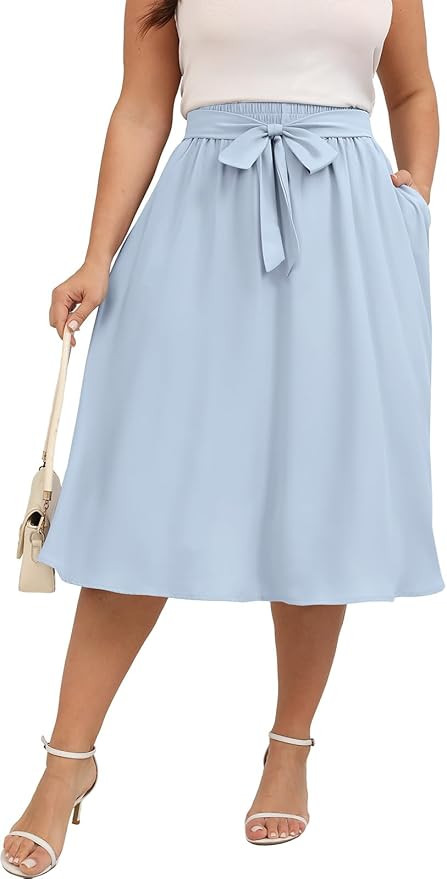 Xpenyo Womens Plus Size Midi Skirts Summer Elastic High Waisted Boho Casual Beach Flowy Swing Kne... | Amazon (US)