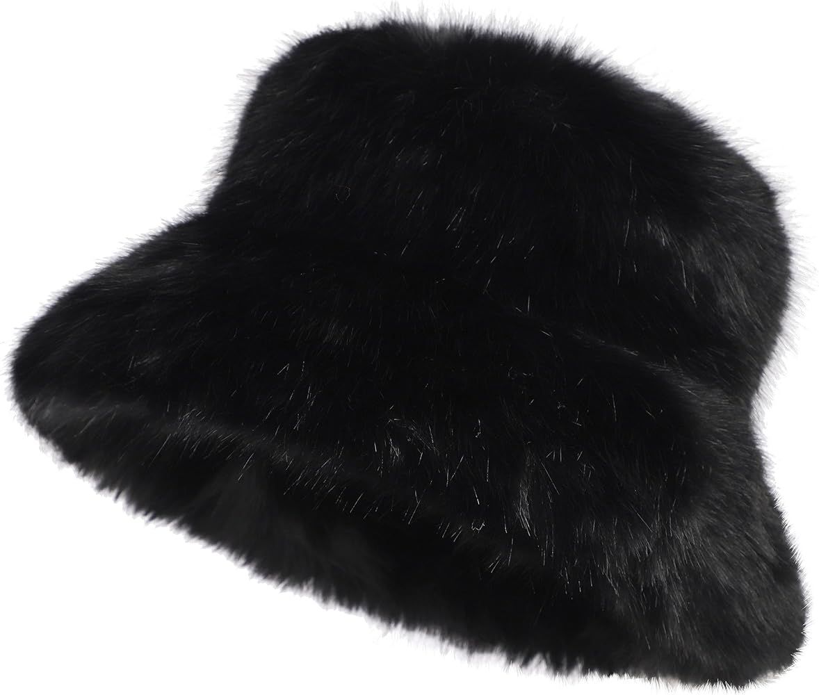 LA CARRIE Women's Fuzzy Wide Brim Faux Fur Bucket Hat Winter Warmer Fisherman Cap | Amazon (US)