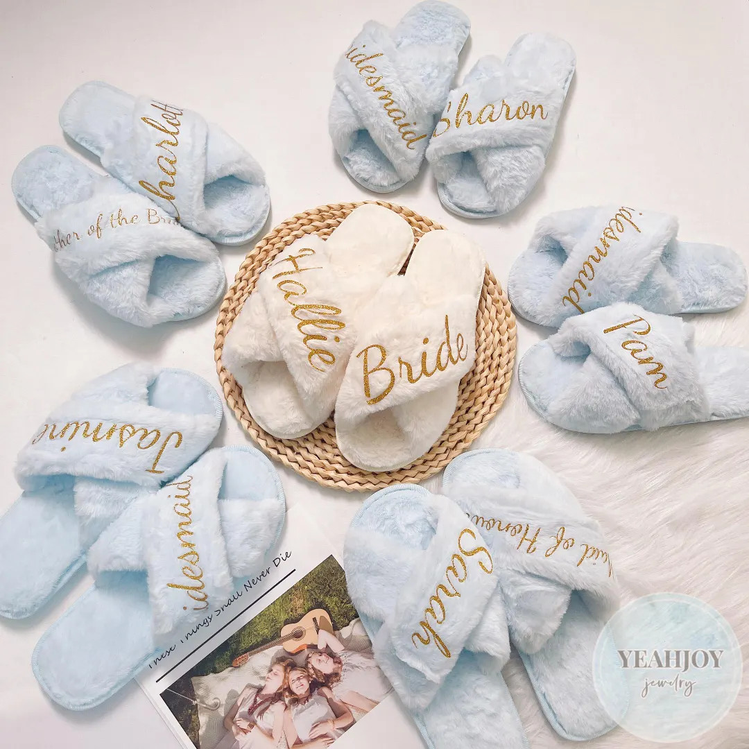 Custom Fluffy Slippers,Custom Bride Slippers,Fluffy Bridesmaid Slippers,Bride Slipper Personalize... | Etsy (US)