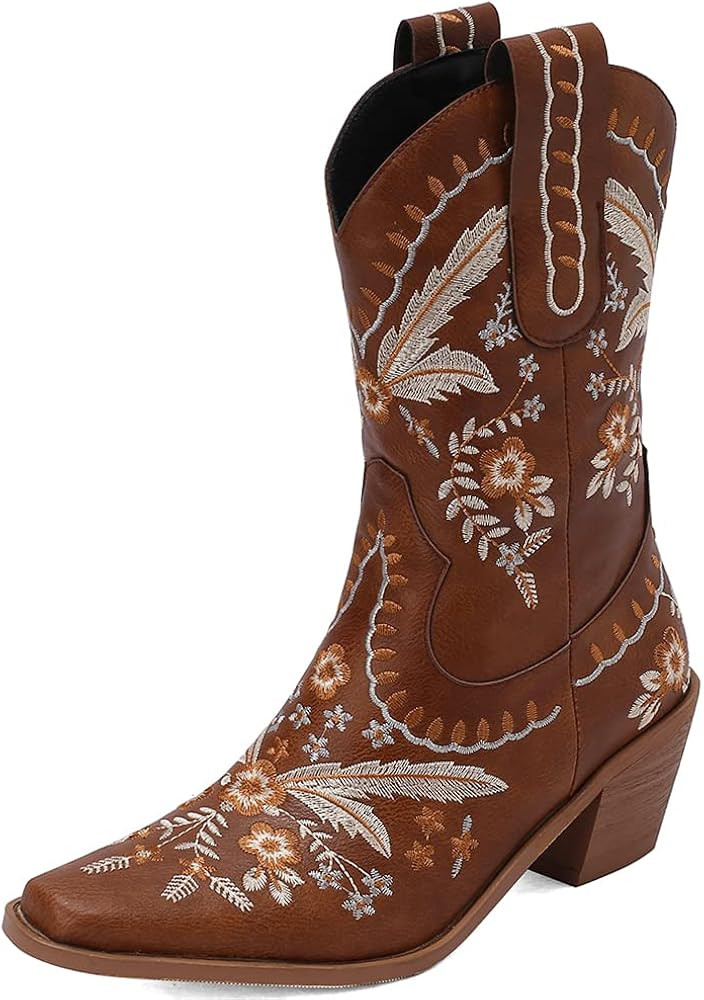 Womens Embroidered Cowgirl Boots Pull On Cowboy Boots for Women Floral Low Chunky Heel Western Bo... | Amazon (US)
