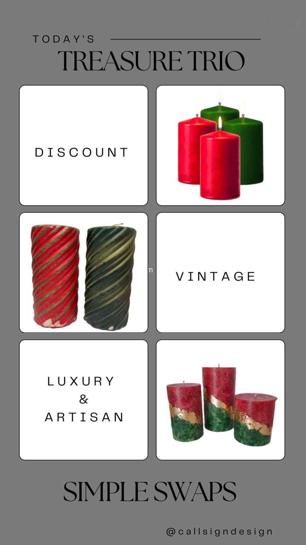 Light up your space with these stunning thick Christmas candles. Perfect for adding some warmth and light to any space! ✨

#Christmas #ChristmasDecor #WhiteChristmas #TraditionalChristmas #VintageChristmas #CallSignDesign #Vintage #Luxury #InteriorDesign #InteriorDecorating #Elegance #Chandelier #OldWorldCharm #DesignStyle #CastleCore #OldWorldCharm  #SimpleSwaps