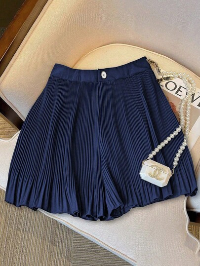Women's Solid Color Loose New Fashion Versatile Pleated Shorts Skirt Summer | SHEIN
