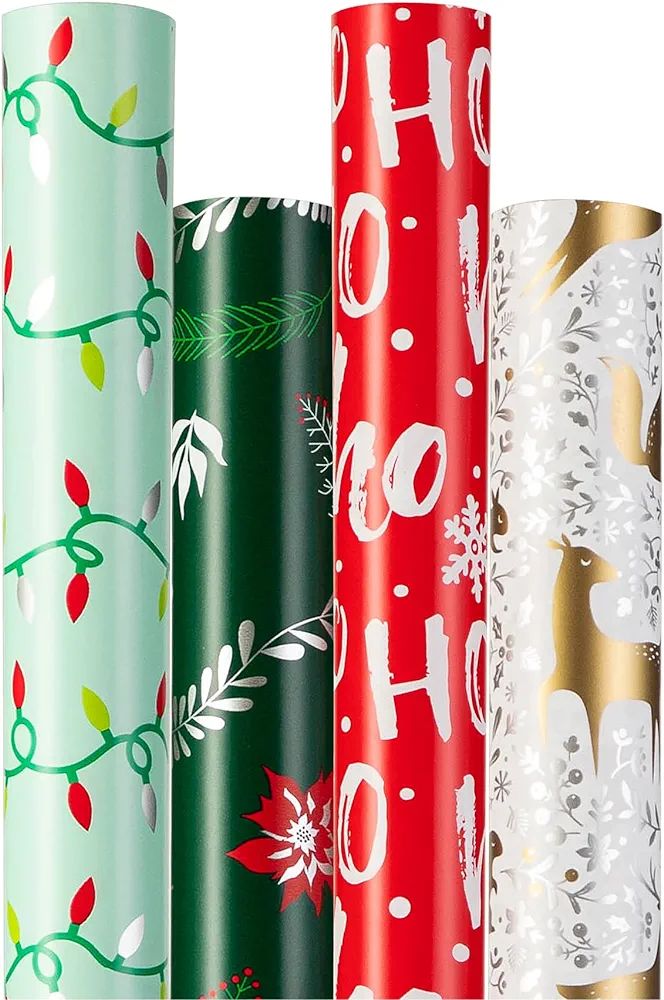 Christmas Wrapping Paper (4 Rolls: 93 sq. ft. ttl) Reindeer, Christmas Pine Tree Leaf, Snowflakes... | Amazon (US)