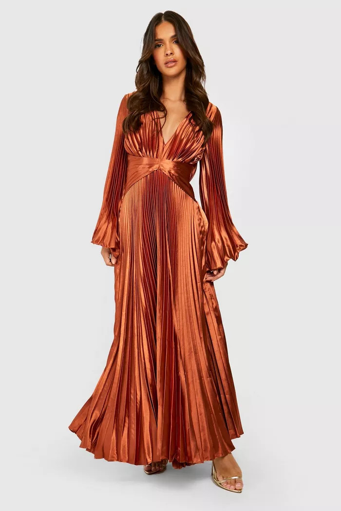 Pleated Satin Oversized Sleeve Midi Dress | Boohoo.com (US & CA)