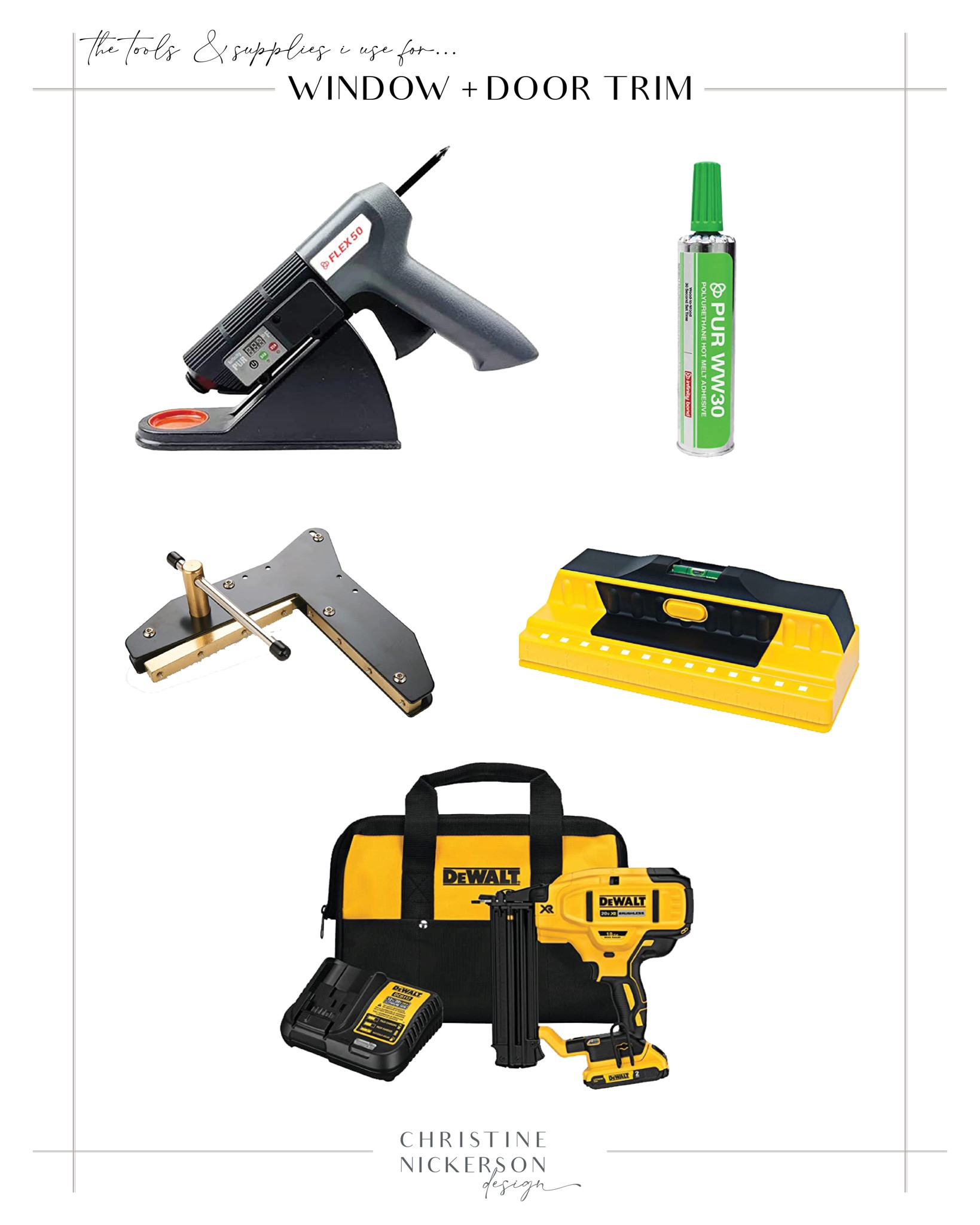 The tools I use to assemble + hang our new wood window and door trim.  DIY upgrade your builder grade trim with these tools!

#LTKhome