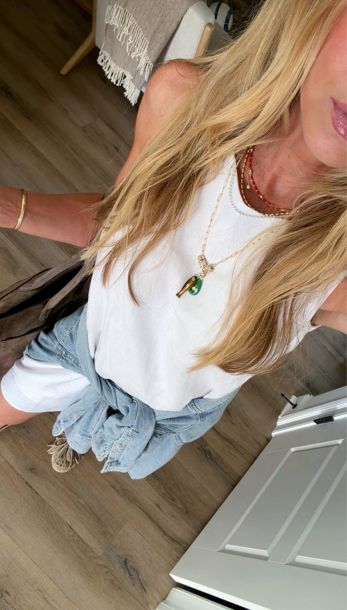 White linen lined dress: TTS, wearing S Chambray top: oversized, wearing S Suede fringe moccasins: TTS, so comfy Invisible floating diamond necklace, carpool outfit, mom style #LTKootd #LTKgrwm #LTKdayinmylife
