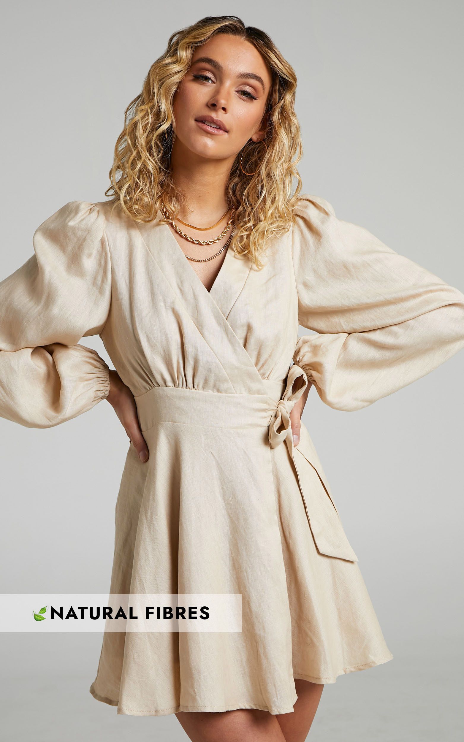 Amalie The Label - Zuri Linen Long Sleeve Wrap Mini Dress in Oat | Showpo - deactived
