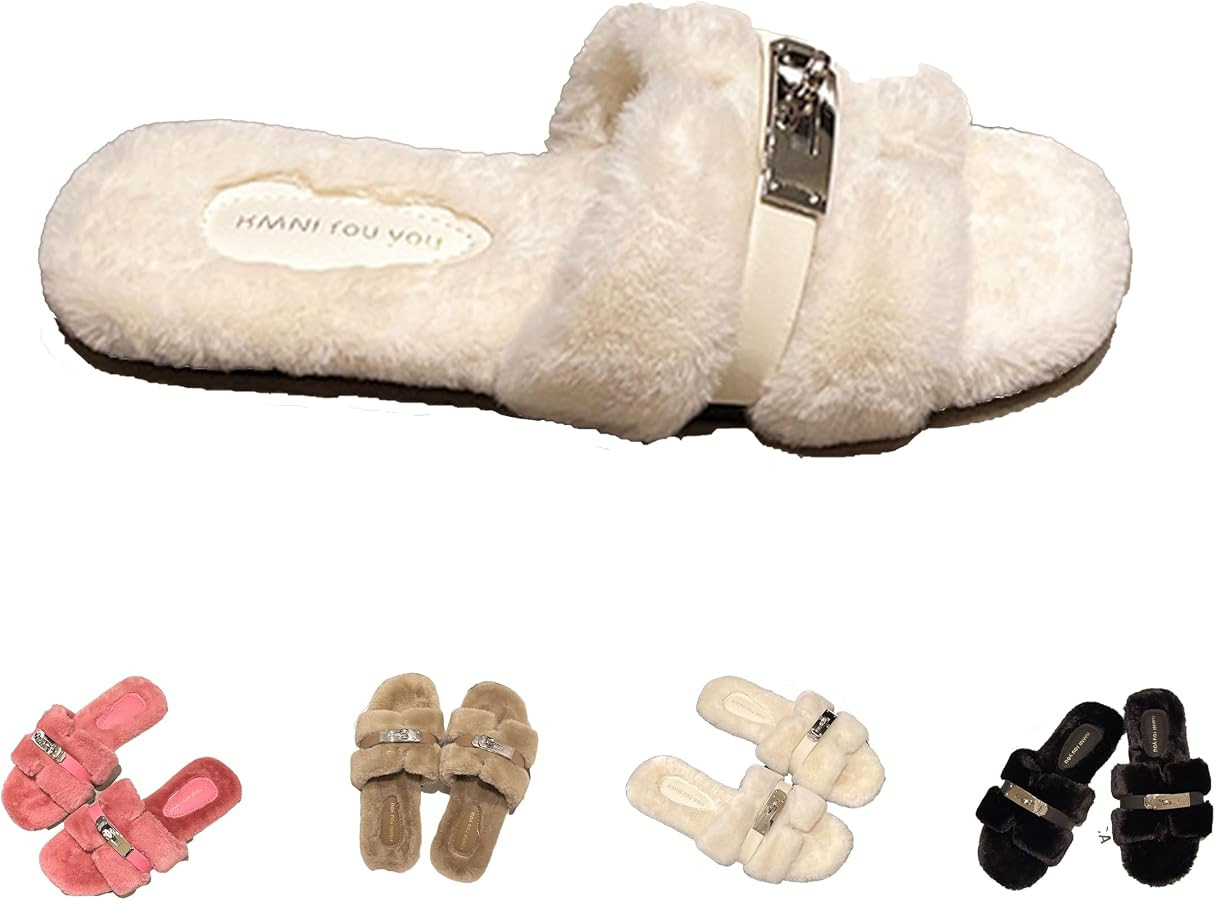 Women's Plush Slippers with Metal Decor - Trendy Fuzzy Fashion Slides, Super Light & Non - slip S... | Amazon (US)