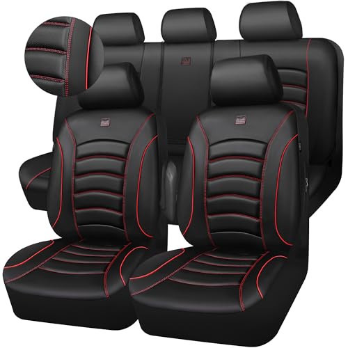 CAR PASS 3D Foam PU Leather Car Seat Covers, Universal Seat Covers Full Sets for Trucks SUV Sedan Automotive Seat Covers Armrest Airbag Compatible Waterproof Comfortable Faux Nappa Leather Black Red | Amazon (US)