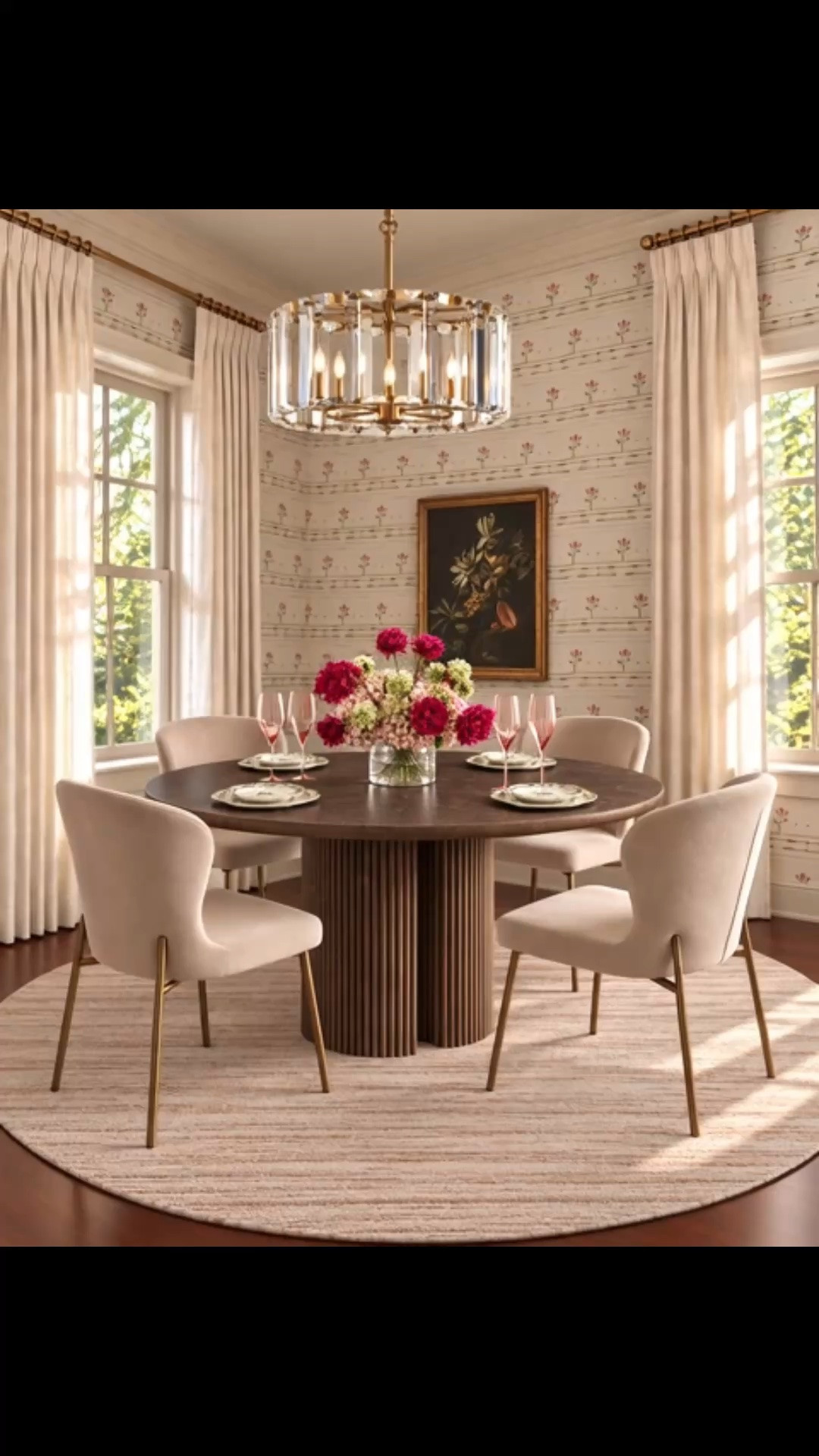 Dinner is served. ✨ There’s something about rich chocolate tones, soft blush upholstery, warm brass, and touches of crystal that makes a dining room feel especially inviting as we move into the gathering season.

The Astor Round Dining Table is the star of this space. I love the warmth of the Chestnut base paired with the deep Espresso natural marble top—the combination feels chic, sophisticated, and perfect for fall. The reeded wood detailing around the base and the warm wood veneer edging surrounding the marble top add beautiful texture and dimension.

Above it, the Amaya Round Chandelier brings just the right amount of glamour. Layers of substantial clear crystal panels surround the warm brass frame, catching the light beautifully while keeping the overall look refined and elegant.

The Kirsten High Back Dining Chairs add such a graceful silhouette. I love the sleek, softly sculpted shape and gently curved back—it looks polished and sophisticated while still feeling incredibly comfortable and inviting.

Underneath, the Anson Hand-Knotted Round Rug finishes the room with a subtle pattern and warm neutral tones, adding softness and texture without competing with the rest of the space.

Arhaus is offering up to 50% off right now—a perfect time to get your dining room ready for the holiday and gathering season.

#DinnerIsServed #DiningRoom #DiningRoomDesign #DiningRoomDecor #DiningTable #DiningChairs #Chandelier #AreaRug #Tablescape #InteriorDesign #HomeDecor #HolidayHosting #GatheringSeason #Arhaus #art #wallpaper #drape

#LTKHome #LTKSeasonal #LTKHome #LTKSaleAlert