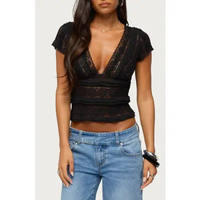 EDIKTED Avalee Plunge Neck Lace Crop Top in Black at Nordstrom, Size X-Small | Nordstrom